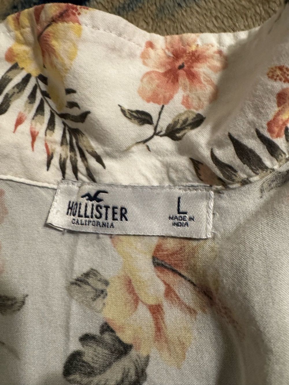 Hollister Cream Floral Button-Up with Peach and Yellow Blooms